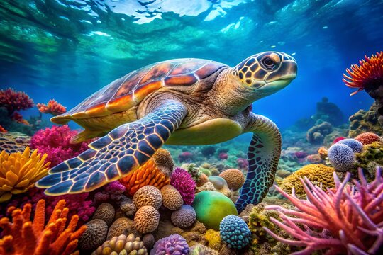 Vibrant sea turtle swimming amidst colorful coral reef.