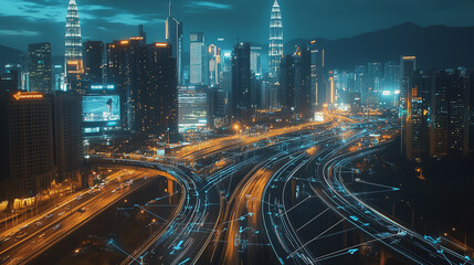 Fototapeta premium Smart digital Innovation city with connection network reciprocity over the cityscape. of future smart wireless digital city and social media networking systems that connects people with in city