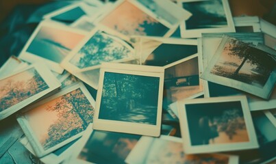 A pile of Polaroid pictures with trees and people in them