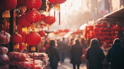 Vibrant street scene adorned with red lanterns, capturing bustli