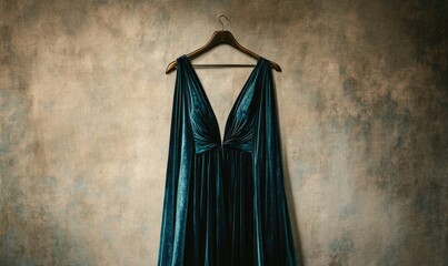 A blue dress is hanging on a clothes hanger