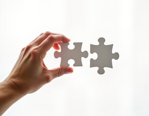 Close up photo of hand holding single puzzle piece against white background. Hand gently placing piece of jigsaw puzzle in position. Image represents concept of strategy, merging parts into whole,