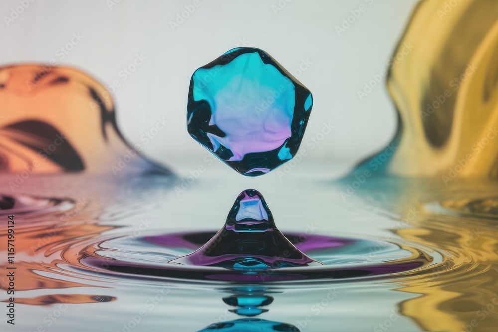 Poster a vibrant, multifaceted jewel-toned object descends into a pool of iridescent liquid, creating capti