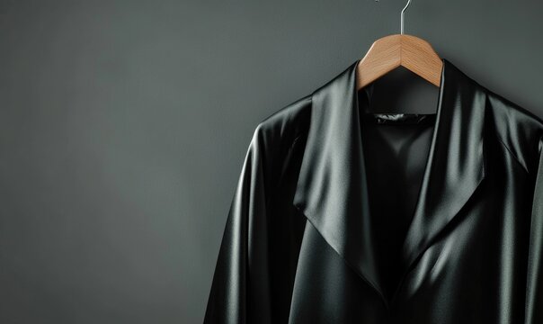 A black jacket hanging on a hanger