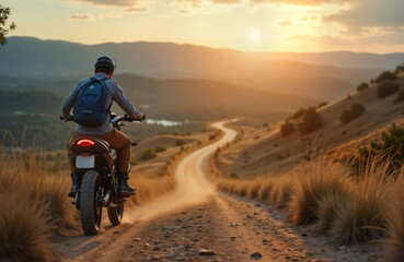Fototapeta premium Man rides motorcycle on dirt road. Scenic landscape with hills, sunset sky. Adventure concept. Alternative path leads toward success. Revising goals. Exploring options, taking profits. Achieving