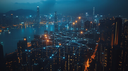 Fototapeta premium Smart digital Innovation city with connection network reciprocity over the cityscape. of future smart wireless digital city and social media networking systems that connects people with in city