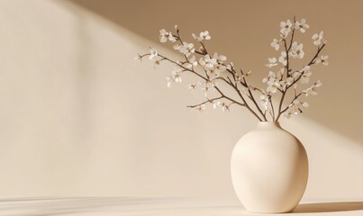 A white vase with a branch of white flowers in it
