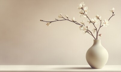 A white vase with a branch of flowers in it