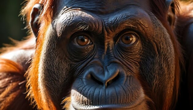 extreme close-up of an orangutan's face