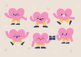 Pink Heart Characters Set for Cute Projects with Playful Poses Emotions