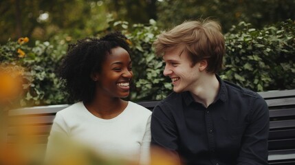 Obraz premium Young caucasian man and african woman smiling on a park bench