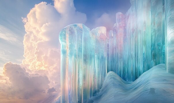 A large ice wall with a blue sky in the background