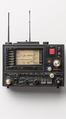 Fototapeta premium Vintage Radios with Wooden and Metal Casings Featuring Analog Dials, Knobs, and Speaker Grills in Retro Audio Style