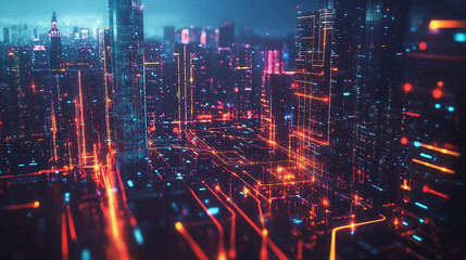 Fototapeta premium Smart digital Innovation city with connection network reciprocity over the cityscape. of future smart wireless digital city and social media networking systems that connects people with in city