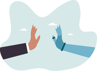 Working together with AI Artificial Intelligence, human cooperate with machine or robot, AI help or support coworker, assistance or partnership.business concept.flat character.