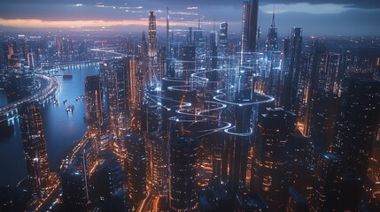 Fototapeta premium Smart digital Innovation city with connection network reciprocity over the cityscape. of future smart wireless digital city and social media networking systems that connects people with in city