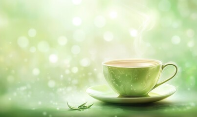 Fototapeta premium A green cup with a white saucer sits on a table