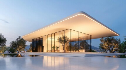 Fototapeta premium Striking Modern Glass and Steel Building Reflected in Tranquil Water Feature
