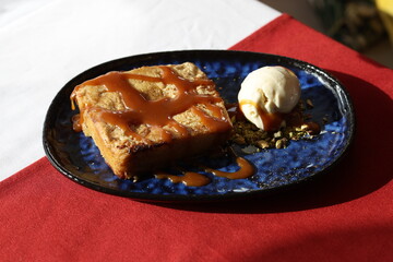 Caramel Bread Pudding with Vanilla Ice Cream