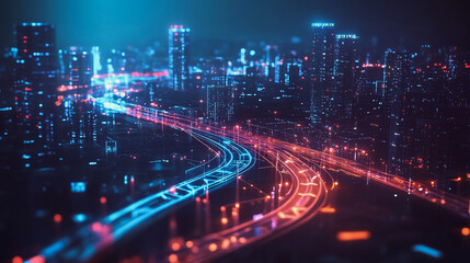 Fototapeta premium Smart digital Innovation city with connection network reciprocity over the cityscape. of future smart wireless digital city and social media networking systems that connects people with in city