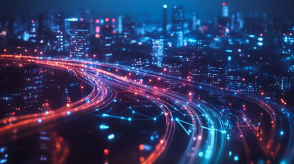 Fototapeta premium Smart digital Innovation city with connection network reciprocity over the cityscape. of future smart wireless digital city and social media networking systems that connects people with in city