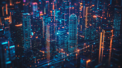 Fototapeta premium Smart digital Innovation city with connection network reciprocity over the cityscape. of future smart wireless digital city and social media networking systems that connects people with in city