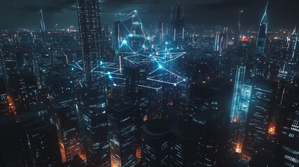 Fototapeta premium Smart digital Innovation city with connection network reciprocity over the cityscape. of future smart wireless digital city and social media networking systems that connects people with in city