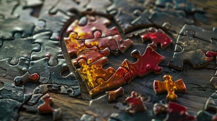 A close-up of a heart-shaped puzzle fitting into a group of puzzles on a worn surface in a rustic style, symbolizing love and unity.