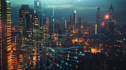 Smart digital Innovation city with connection network reciprocity over the cityscape. of future smart wireless digital city and social media networking systems that connects people with in city
