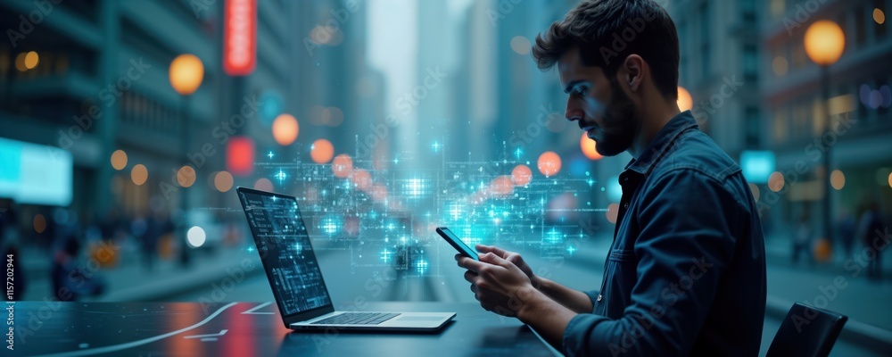 Poster Man works remotely in smart city. Uses laptop, mobile phone. Digital tech, network connection visible in background. Modern urban setting. Future tech concept. Likely programmer developer.