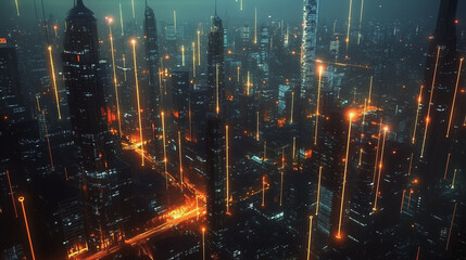 Smart digital Innovation city with connection network reciprocity over the cityscape. of future smart wireless digital city and social media networking systems that connects people with in city