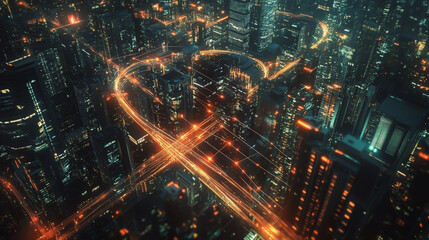 Fototapeta premium Smart digital Innovation city with connection network reciprocity over the cityscape. of future smart wireless digital city and social media networking systems that connects people with in city