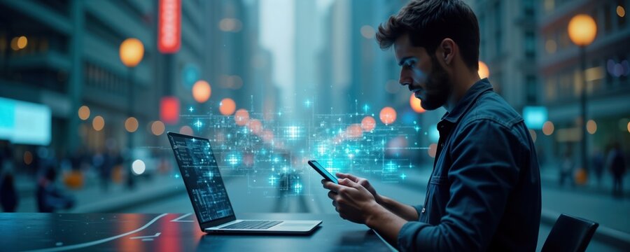 Man works remotely in smart city. Uses laptop, mobile phone. Digital tech, network connection visible in background. Modern urban setting. Future tech concept. Likely programmer developer.