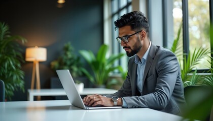 Indian businessman sits at office desk working on laptop. Man focused on digital work. Types on computer. In modern office space with plants, natural light. Pro looks with suit. Business project