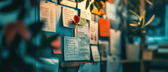 Cinematic view of a bulletin board filled with colorful graduation announcements and messages