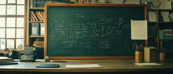 Chalkboard filled with graduation messages and mathematical equations in a classroom setting