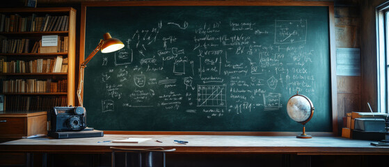 Chalkboard displays graduation notes and mathematical equations under warm lighting in a classroom