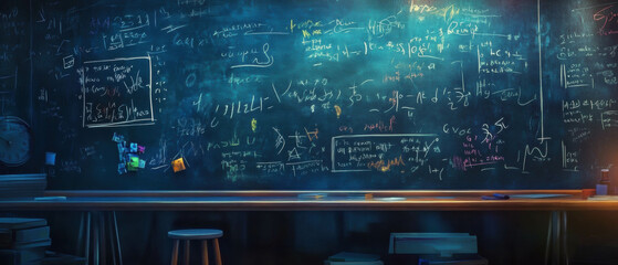Cinematic shot of a chalkboard filled with graduation messages and mathematical equations