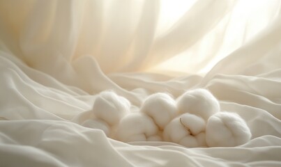 A bunch of white cotton balls are on a white sheet