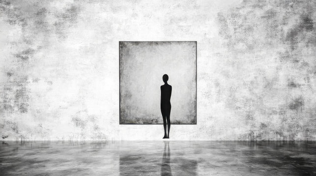 Silhouette standing in front of bright grunge portal in a dark empty room
