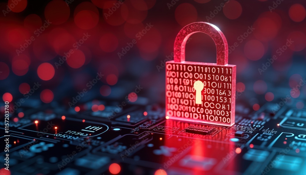 Poster Digital padlock symbol shows binary data on tech circuit board. Cybersecurity alert for data protection concept. Red light represents warning. Abstract image for network security tech safety topic.