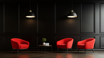 Elegant red chairs in a modern interior with dark walls and stylish lighting