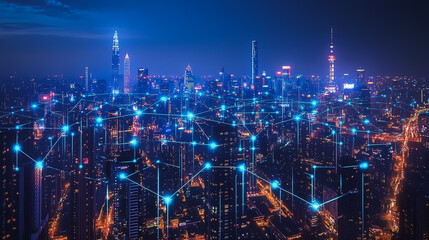 Fototapeta premium Smart digital Innovation city with connection network reciprocity over the cityscape. of future smart wireless digital city and social media networking systems that connects people with in city