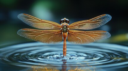 Dragonfly with spread wings perched on water surface, creating ripples.
