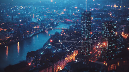 Fototapeta premium Smart digital Innovation city with connection network reciprocity over the cityscape. of future smart wireless digital city and social media networking systems that connects people with in city