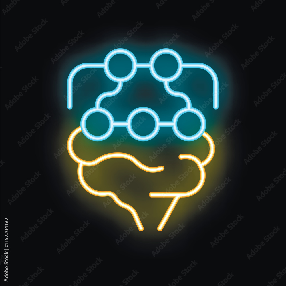 Poster neon style icon of artificial intelligence, featuring a brain with a network of connected nodes abov