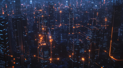 Obraz premium Smart digital Innovation city with connection network reciprocity over the cityscape. of future smart wireless digital city and social media networking systems that connects people with in city