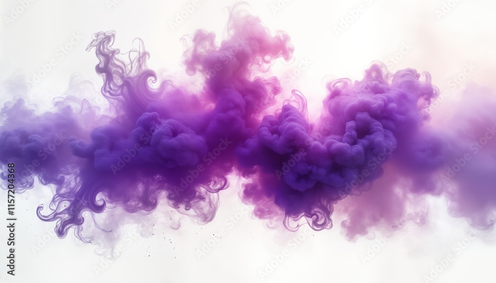 Poster Abstract purple smoke clouds against transparent background. Dynamic flow, swirling shapes create colorful design. Modern design. Vivid purple hues. Intriguing abstract art. Possible use for