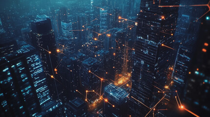 Fototapeta premium Smart digital Innovation city with connection network reciprocity over the cityscape. of future smart wireless digital city and social media networking systems that connects people with in city