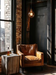 A brown leather chair is sitting in front of a wooden table